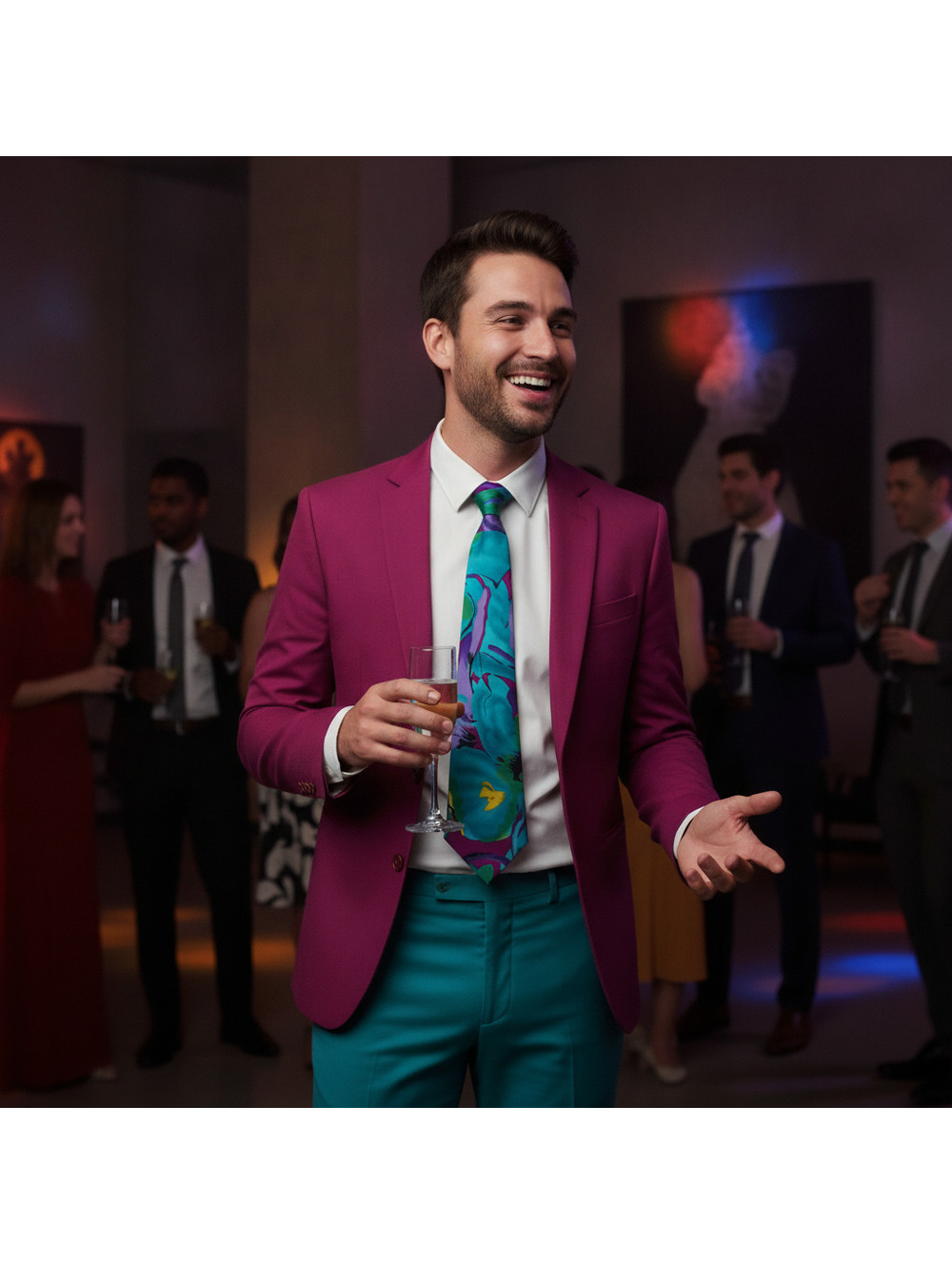 Visione Handmade Floral Pattern Tie in Vibrant Turquoise and Purple